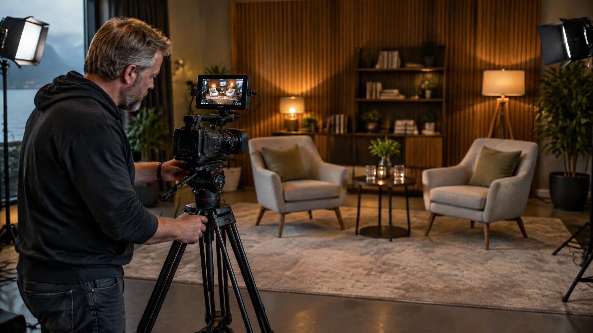 Camera operator adjusting camera angle in a lit interview lounge