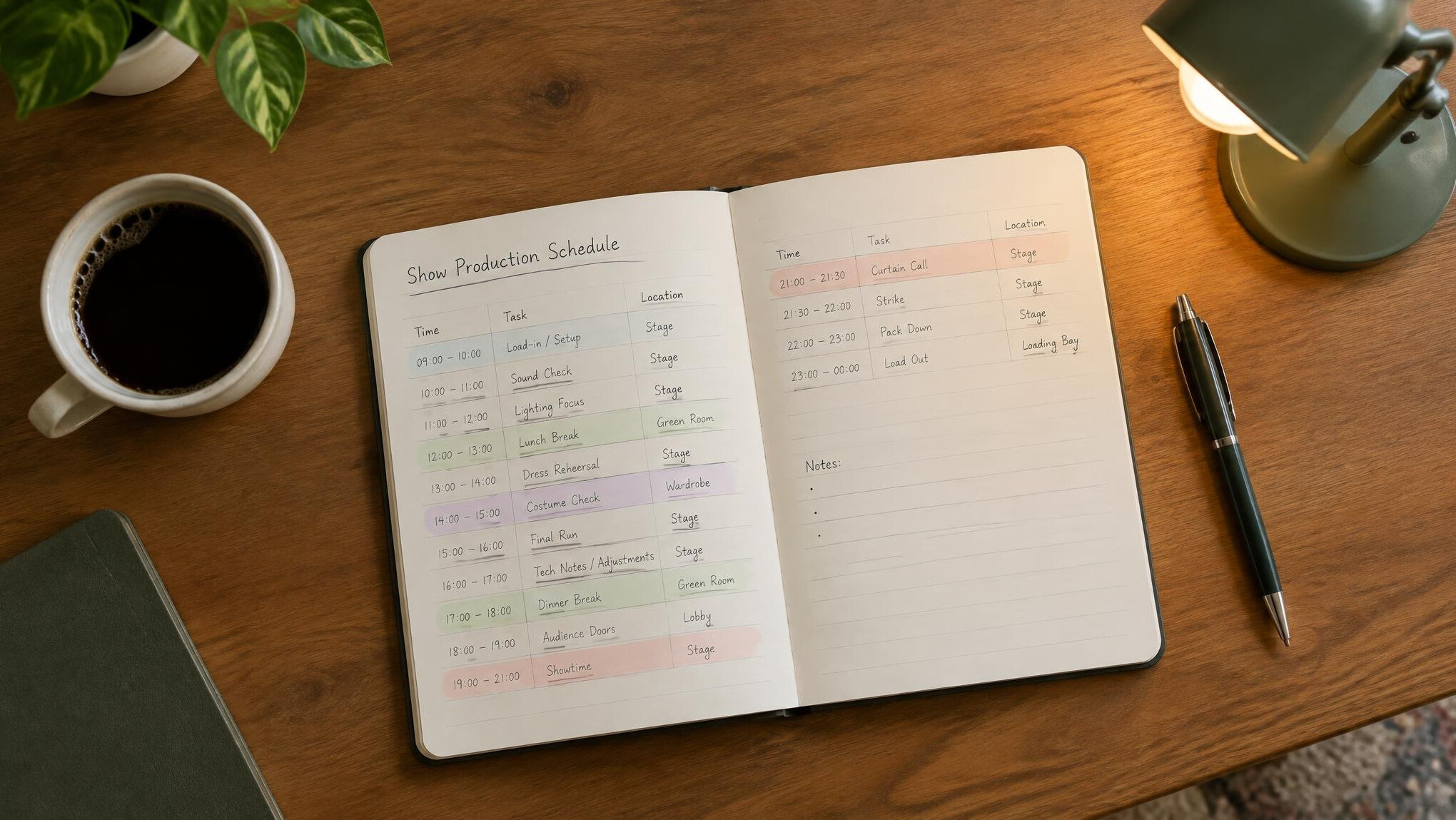 Notebook with show planning schedule on a wooden desk