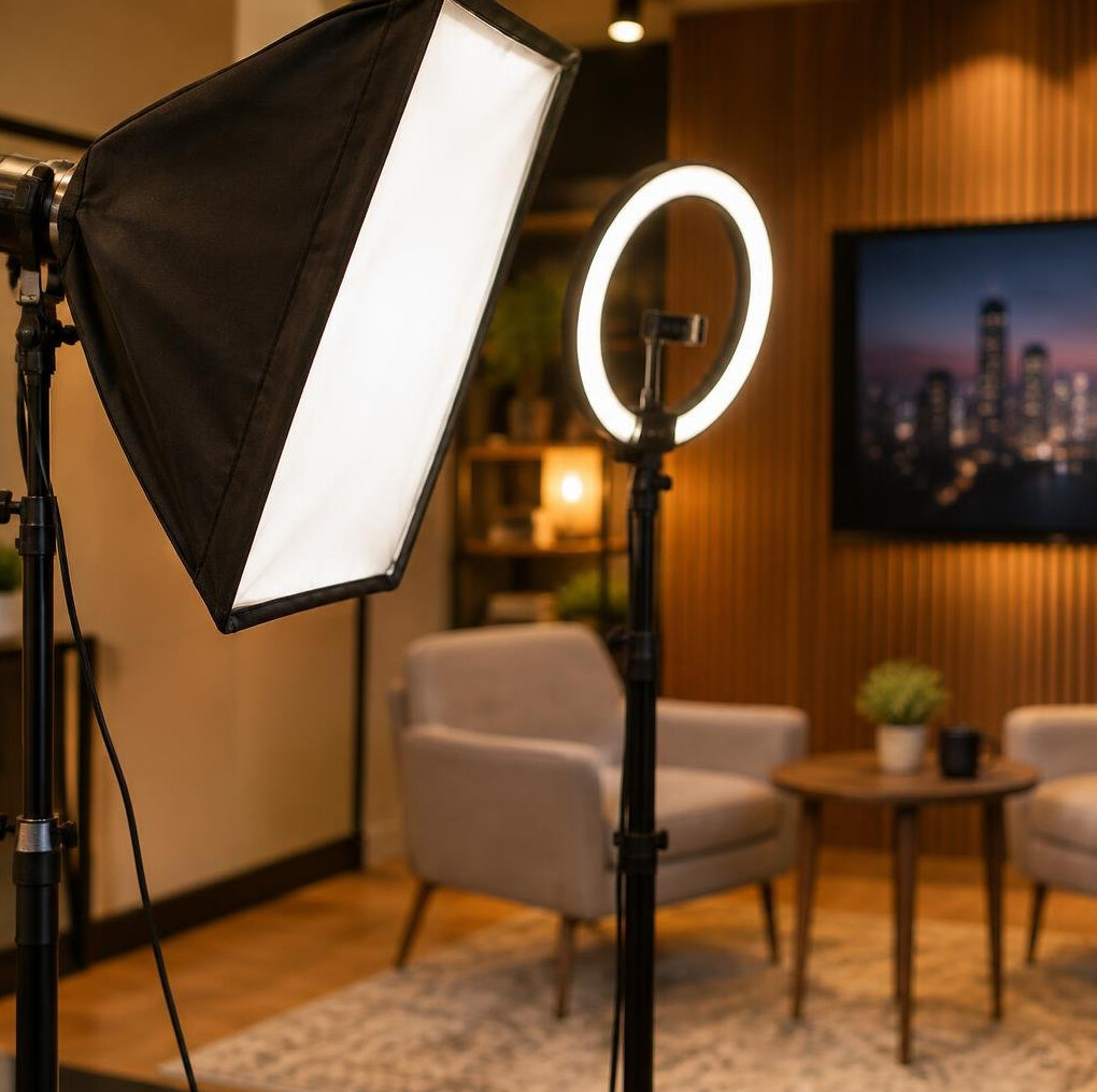 Close-up of a softbox and ring light in a studio corner