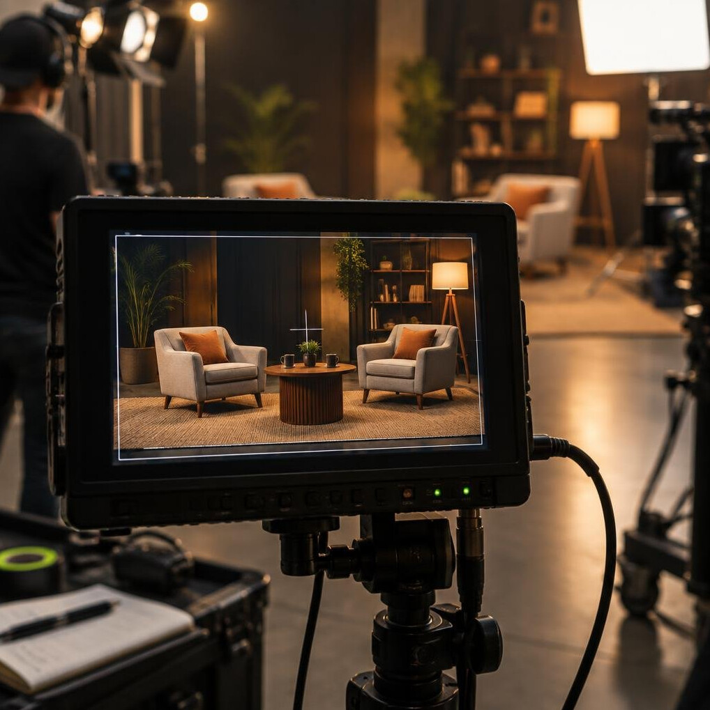 Camera monitor displaying a framed interview shot