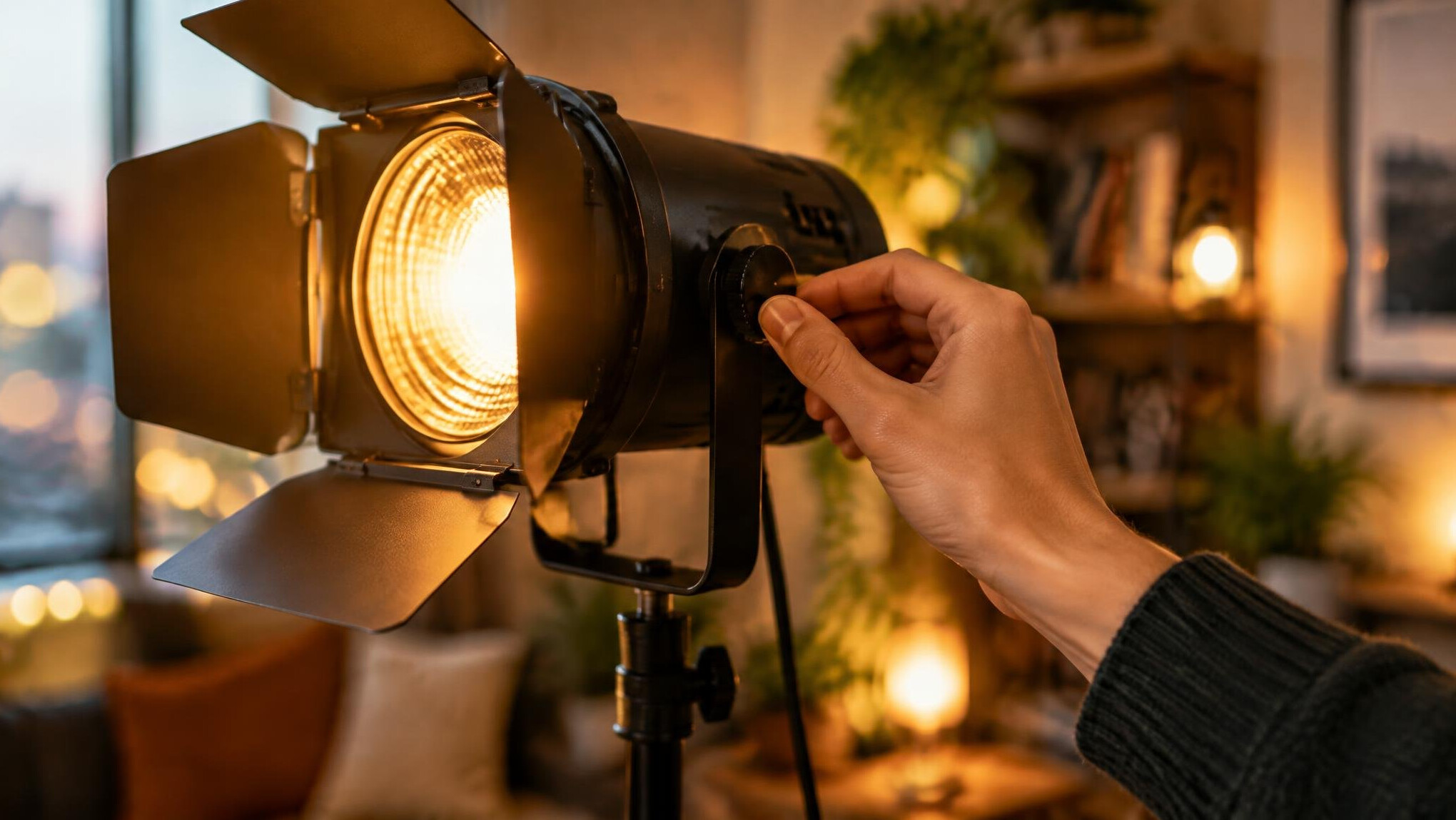 Hand adjusting a warm studio lamp