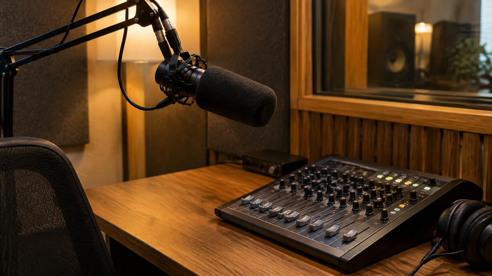 Boom microphone and sound mixer panel on a desk